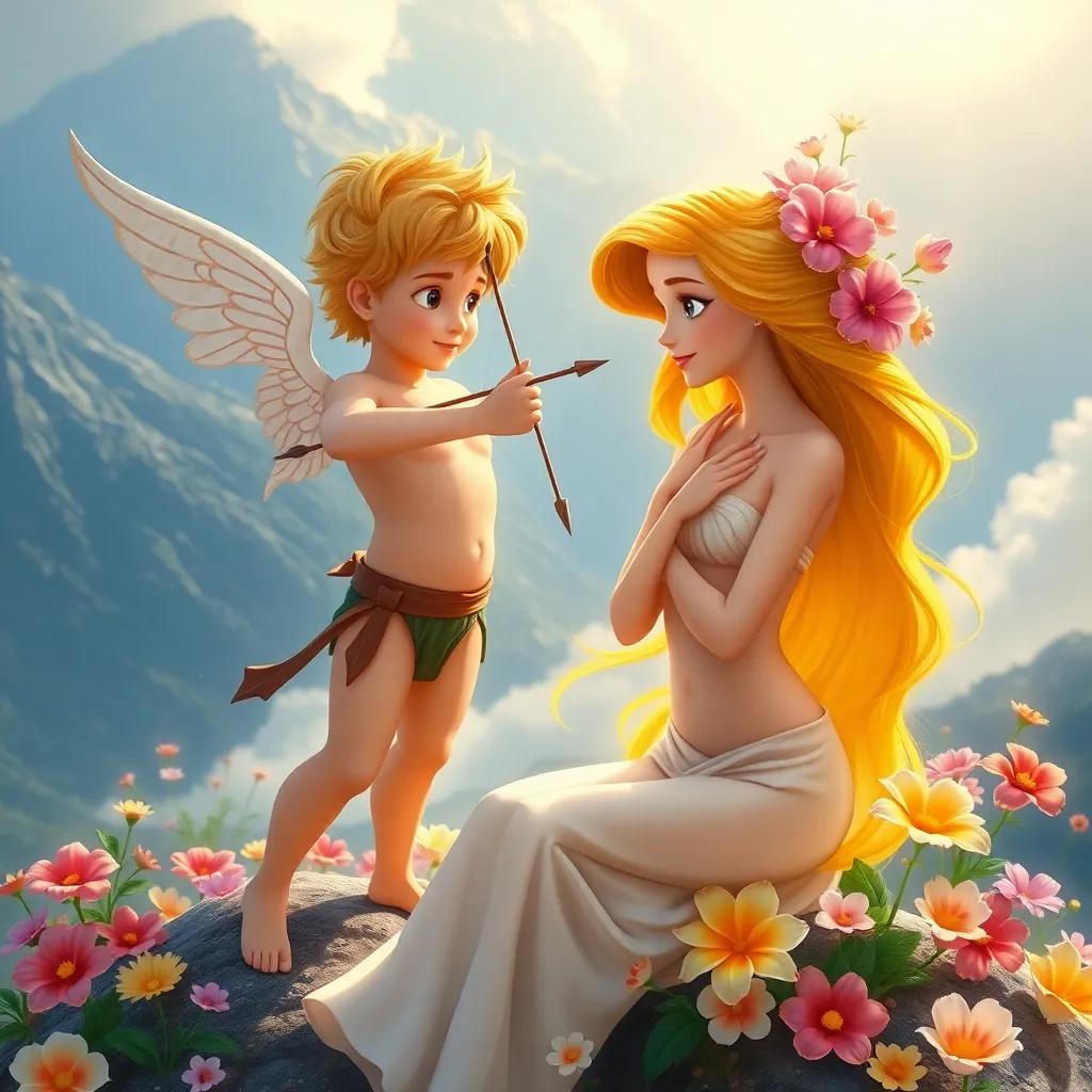 On Mount Parnassus, Cupid aiming a leaden arrow at the beautiful Daphne with golden hair, flowers blooming around her, magical scenery, vibrant colors, fantasy art, whimsical embrace
