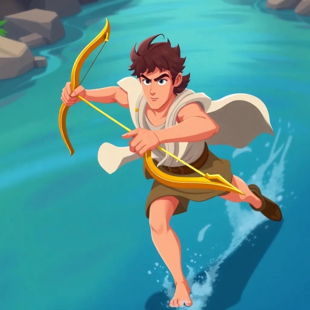 Apollo, the sun-god, chasing after Daphne, with a shiny golden bow in his hand and a determined look on his face, the riverbank behind him, action-packed, dynamic angle, colorful illustration