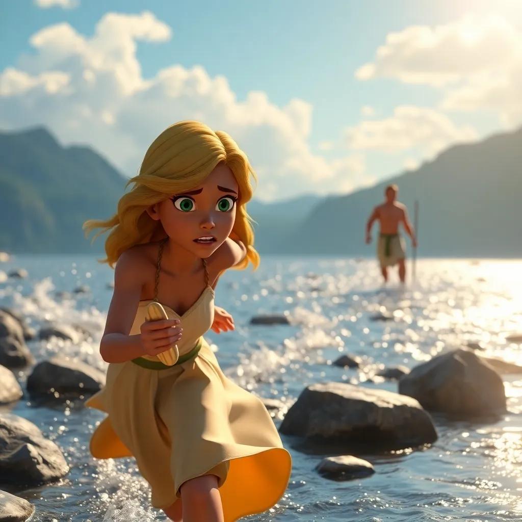 A moment of panic as Daphne begins to run away from Apollo, with a look of fear on her face, the river shimmering behind her, emotional scene, immersive detail, storytelling quality, lively art