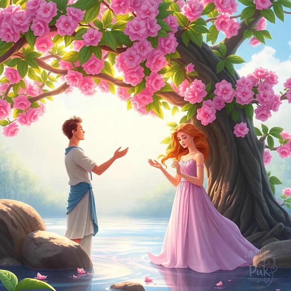 The river-god Peneus transforming Daphne into a beautiful tree, the moment filled with magic and sadness, leaves turning glossy, pink blossoms in full bloom, artistic representation, high-quality illustration