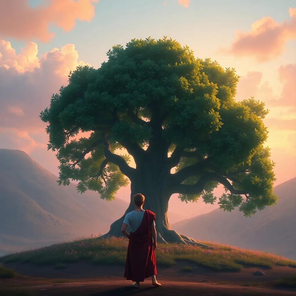 Apollo standing sorrowfully before the beautiful tree where Daphne once stood, wearing a crown made of its leaves, a mix of love and loss in his expression, reflective mood, rich colors, fantasy art