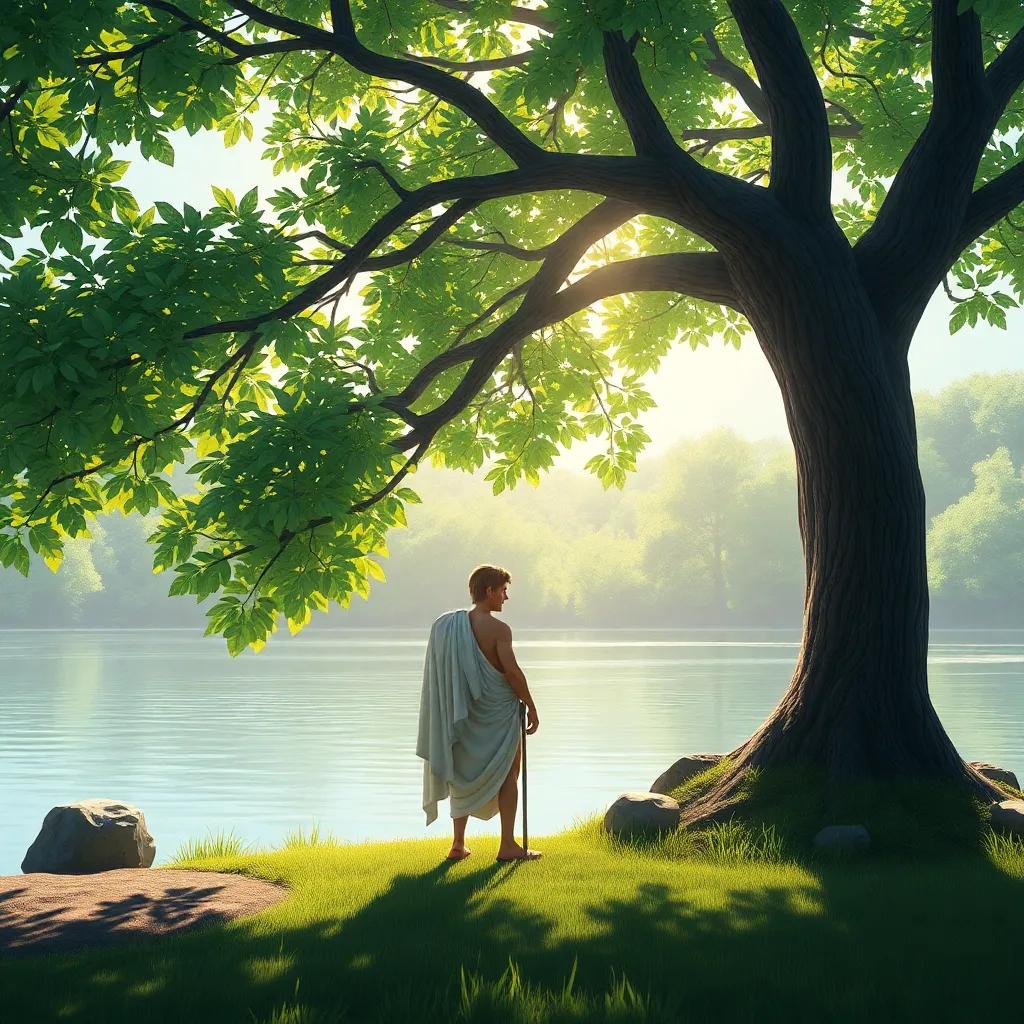 A serene scene depicting Apollo on the bank of the river beside the laurel tree, sunlight filtering through the leaves, a peaceful atmosphere, showcasing nature’s beauty, illustrative style