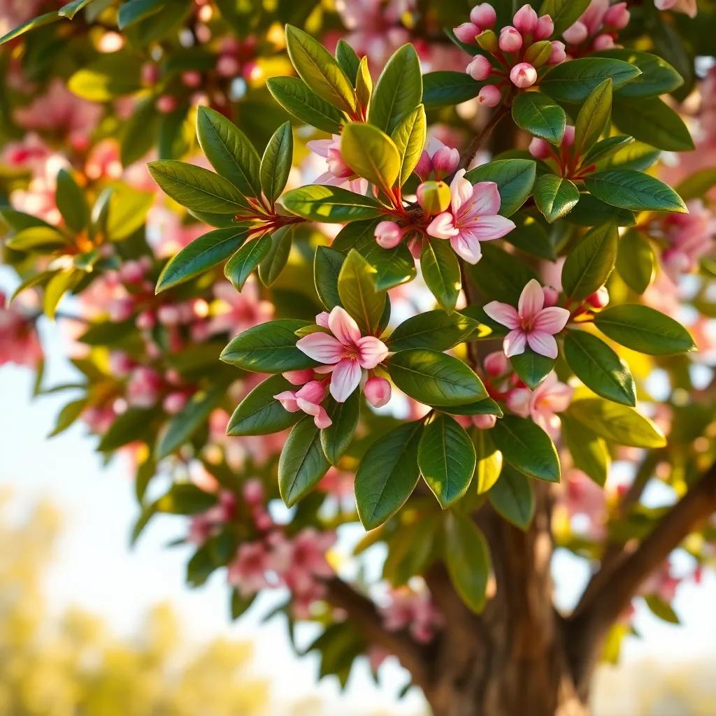 A close-up of the laurel tree with glossy evergreen leaves and pink blossoms, symbolizing Daphne's transformation, warm light, nature's vibrancy, realistic style