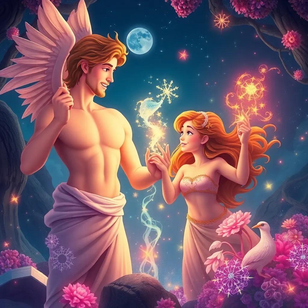 An artistic interpretation showcasing the love story of Apollo and Daphne, with elements of romance and magic intertwined, engaging visual, colorful artwork