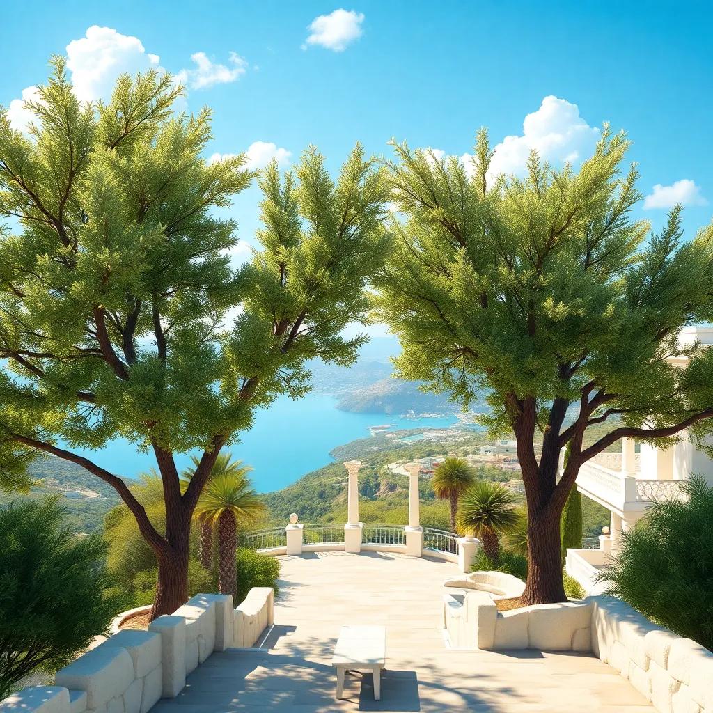 A beautiful view of Greece with laurel trees in the landscape symbolizing love and transformation, scenic setting, ethereal quality, inviting and harmonious atmosphere