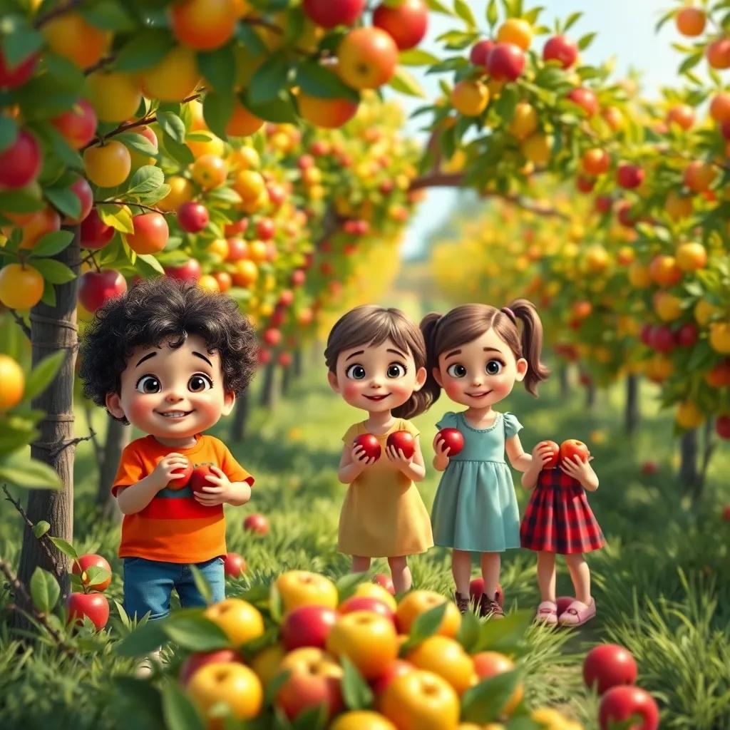 A vibrant orchard with various colored apples on the trees, three kids, Baby Ben with curly hair and a bright t-shirt, Alice wearing a colorful dress, and Zoe with pigtails, picking apples, sunny day, playful scene, bright colors, beautiful lighting, joyful ambiance, high quality