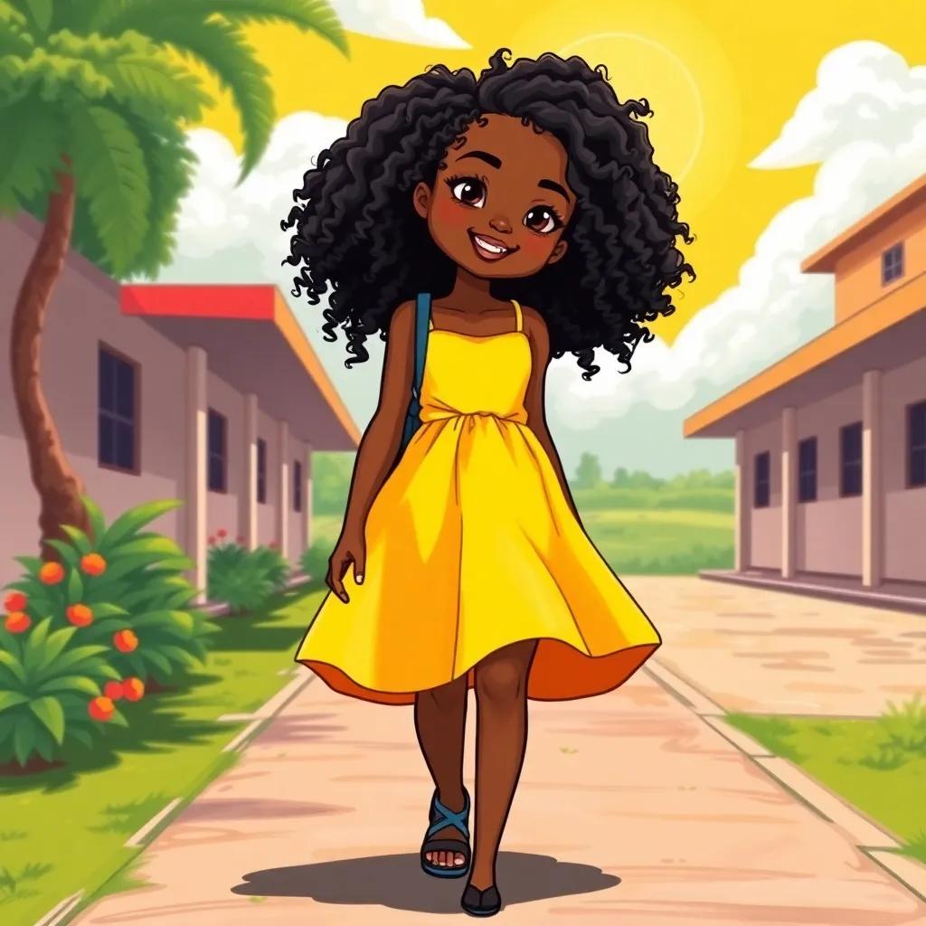 A beautiful Nigerian teenage girl, Archie Finley, with dark, curly hair wearing a bright yellow dress, walking confidently at God's Love International School with a sunny backdrop, illustration, vibrant colors, cheerful atmosphere, high quality
