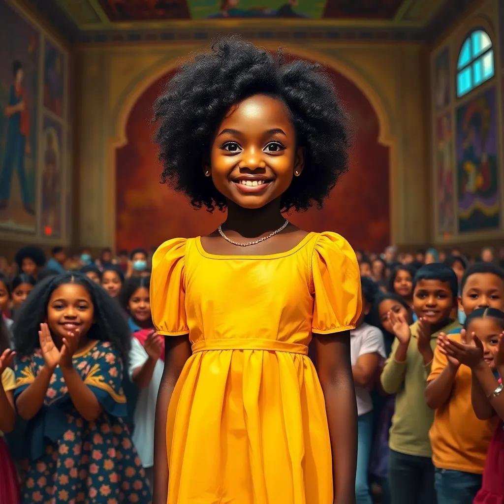 A stage at a school with Archie Finley, a beautiful Nigerian girl in bright yellow dress standing confidently with a smile, dark curly hair glistening, her siblings Anais, Addison, and Aiden clapping in the front row, lively crowd, vibrant colors, uplifting moment, high quality