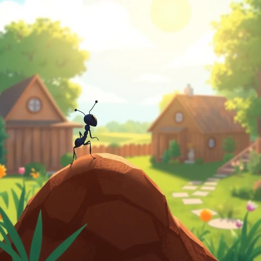 Ari, a tiny black ant with big dreams, standing at the top of an ant hill, looking out towards a vast backyard, bright sunshine, cheerful atmosphere, vibrant colors, detailed illustration, engaging perspective