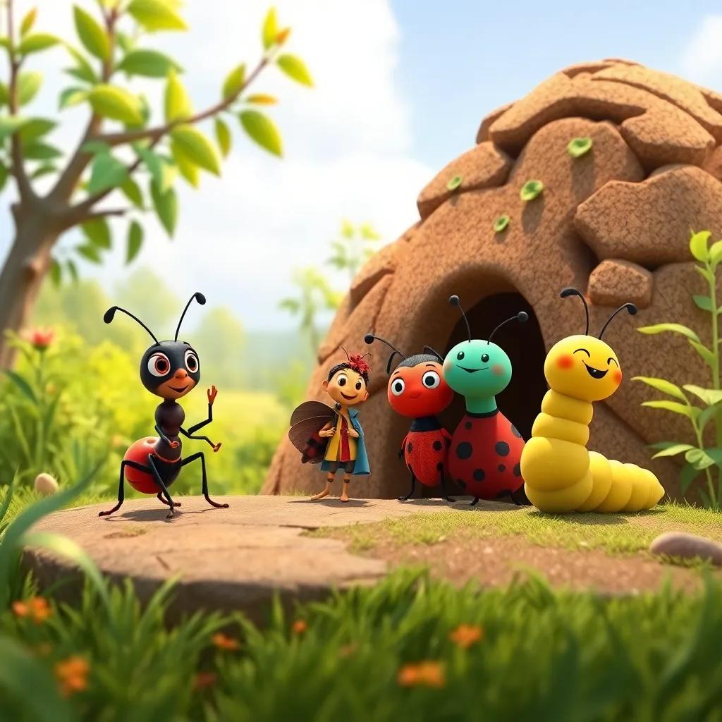 Ari the ant with his friends: Benny the brave beetle, Lily the lovely ladybug, and Charlie the cheerful caterpillar, gathered at the edge of the ant hill, ready for adventure, surrounded by greenery, sunny day, colorful, child-friendly style