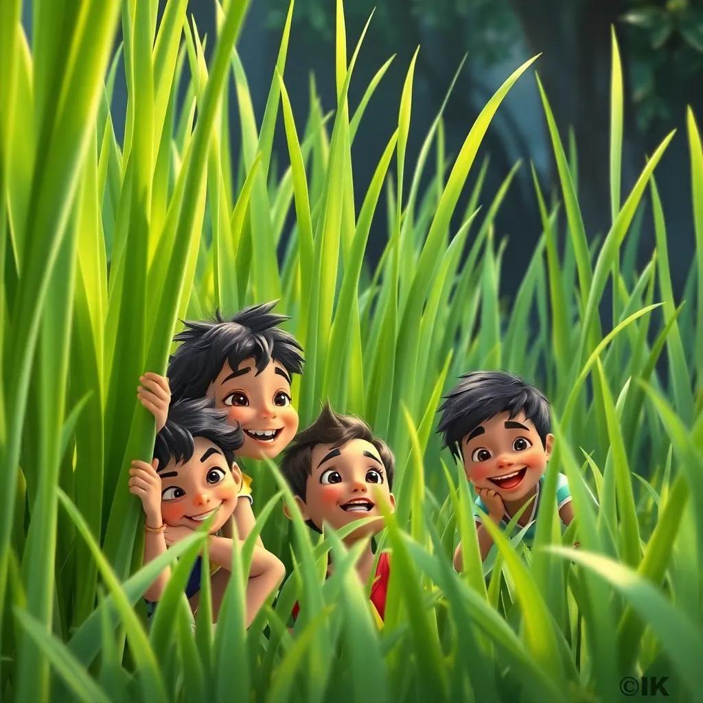 Ari and his friends playing hide and seek in tall green grass, grass blades towering above them, laughter and joy, magical jungle-like atmosphere, detailed, cheerful, high quality