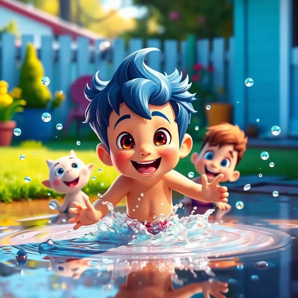 Ari splashing in a shiny puddle with his friends, water droplets sparkling in the sun, happy expressions, colorful backyard, playful and fun, bright colors, high resolution