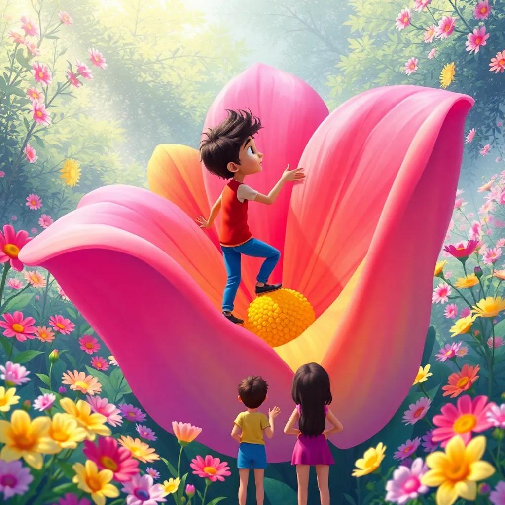Ari climbing a giant colorful flower petal in a garden filled with blooming flowers, friends watching in awe, vibrant colors, magical garden vibe, whimsical illustration style
