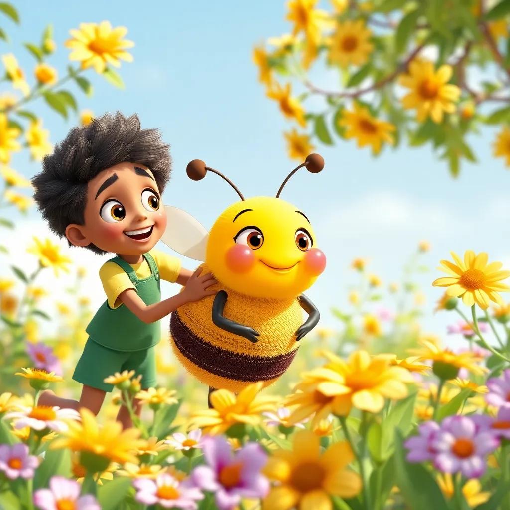 Ari and his friends helping Milli the bee collect nectar from flowers, teamwork and excitement, bright sunny garden, friendly atmosphere, detailed and lively, warm light