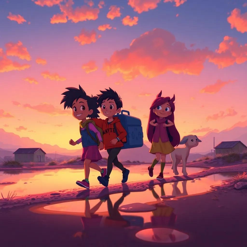 Ari and friends on their way back home, sunset sky with oranges and pinks, reflections in puddles, feeling proud and happy, warm, inviting, storytelling style