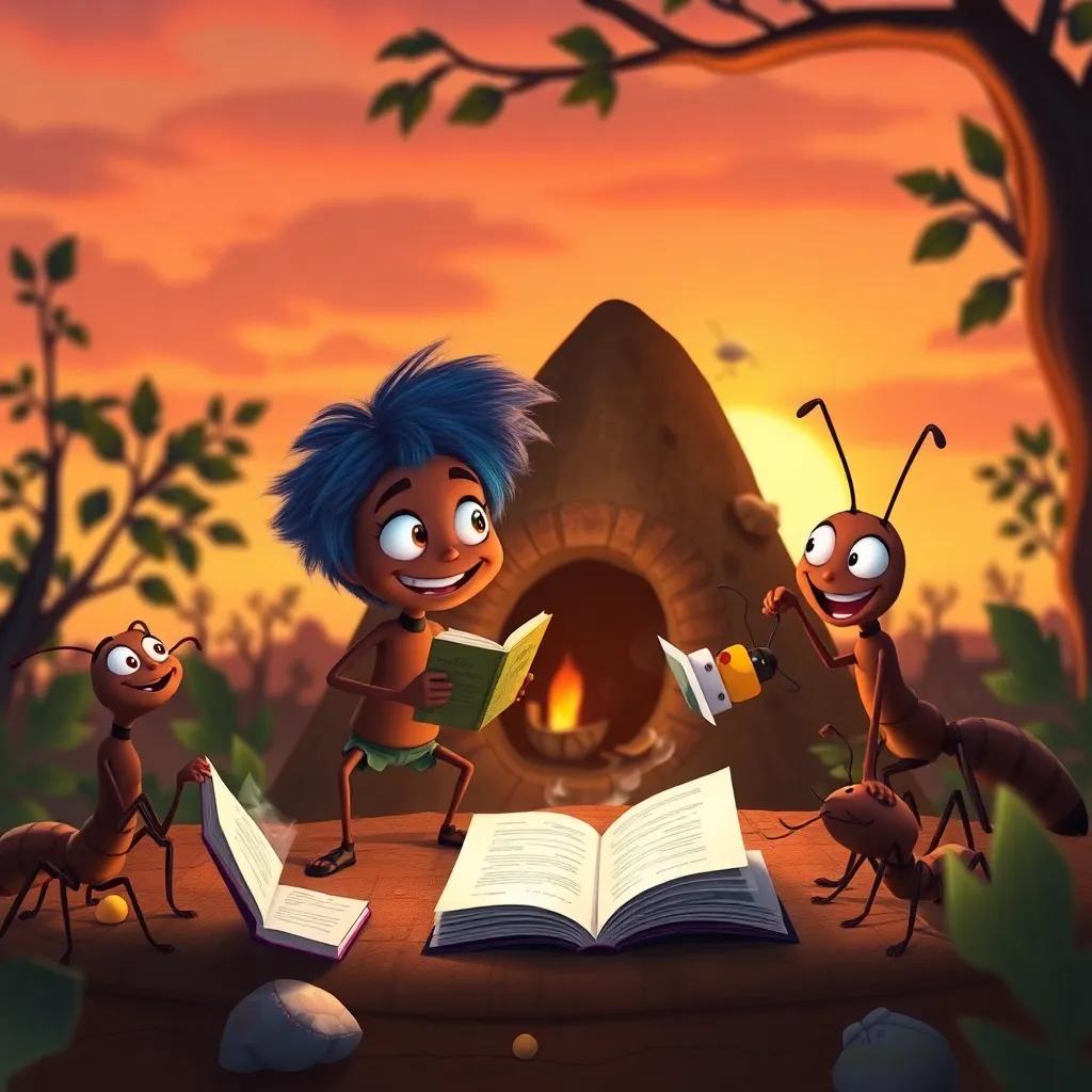 Ari and friends sharing their adventure stories with other ants at the anthill, excitement and joy in the air, cozy and friendly atmosphere, sunset background, engaging and colorful
