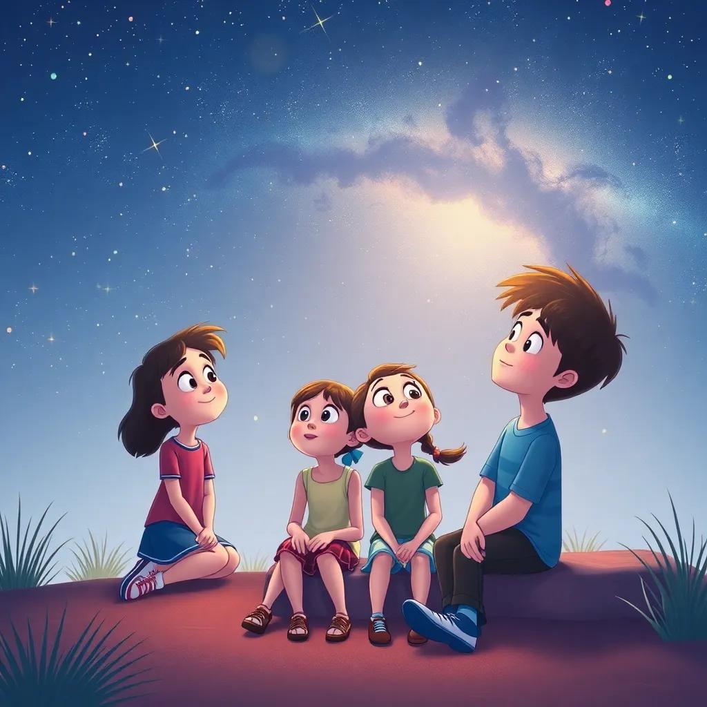 Ari, Benny, Lily, and Charlie thinking about their next adventure, dreaming big under a starlit sky, soft colors, warm and imaginative vibe, whimsical