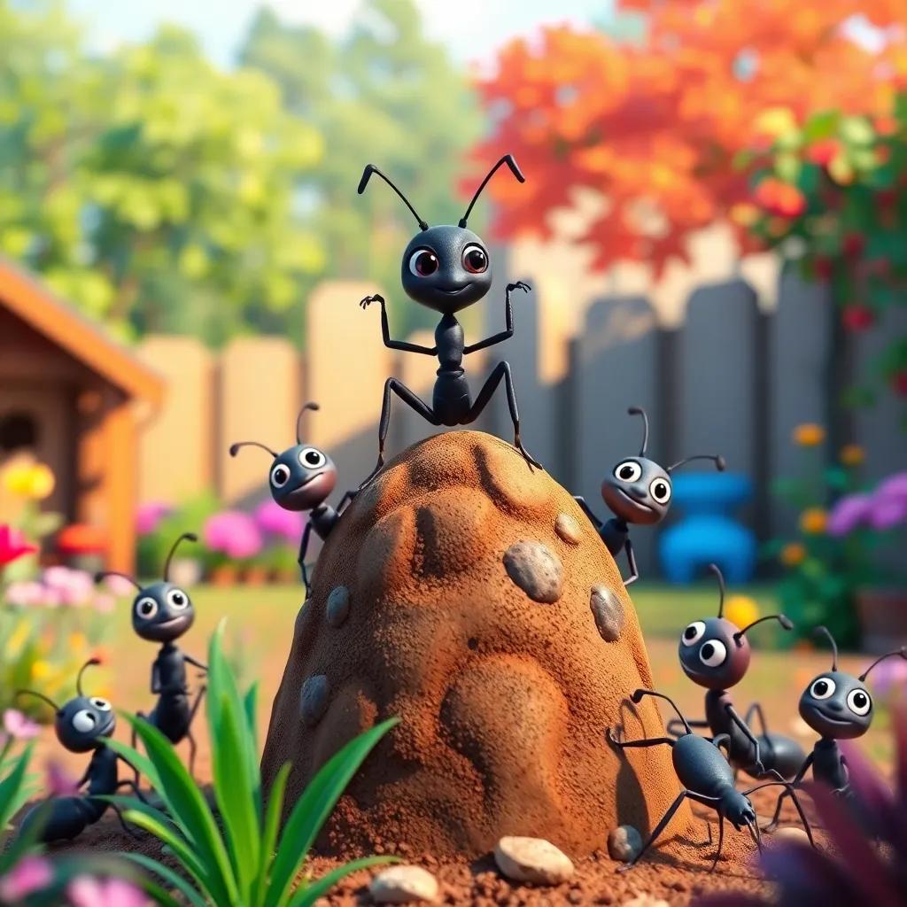 Ari, a tiny black ant, posing proudly at the top of the anthill, surrounded by friends, colorful backyard landscape, sense of adventure and friendship, bright and uplifting