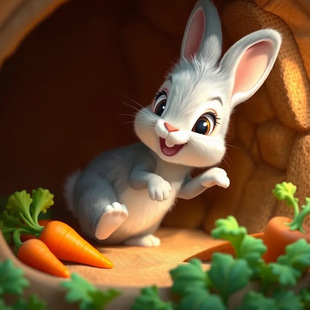 A little rabbit, Arnoub, with soft grey fur and bright eyes, happily bouncing in a cozy burrow with lettuce and carrots around him, heartwarming atmosphere, digital art, warm colors, inviting and cheerful, high quality