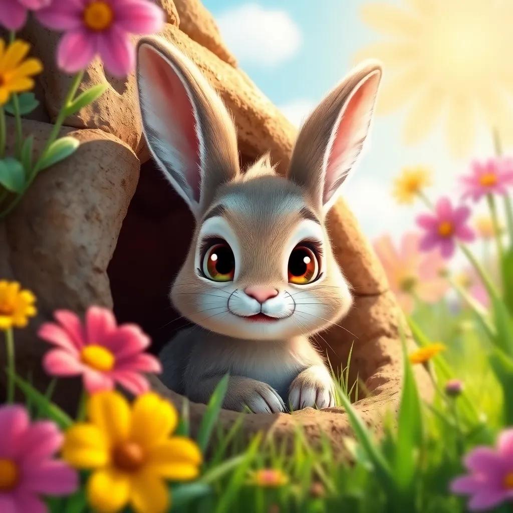 A little rabbit, Arnoub, peeking out of a burrow into the sunny world, with big eyes full of curiosity, surrounded by vibrant flowers and green grass, bright and uplifting, digital art, colorful, nature theme, high quality