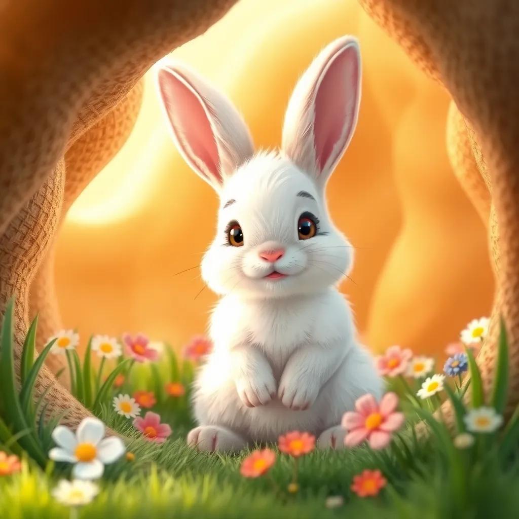 A little rabbit, Arnoub, with fluffy white fur and big ears, sitting in a cozy burrow filled with soft grass and colorful flowers. The inside is warm and inviting, digital art, cheerful, sunny atmosphere, high quality