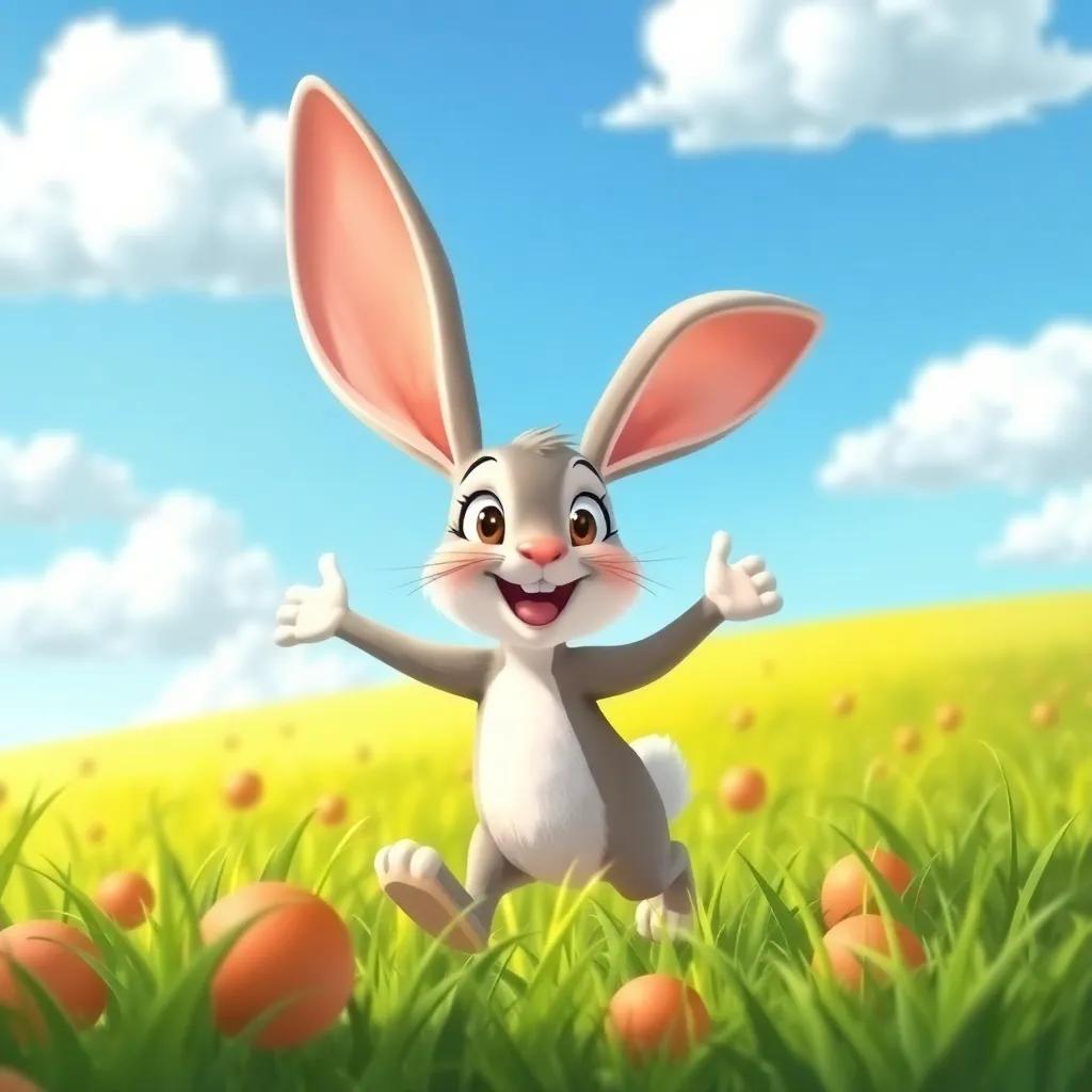 Arnoub, the little rabbit, hopping through a green field with a big smile, looking around curiously for new food, bright blue sky and fluffy clouds, illustration, vibrant colors, adventurous feel, high quality