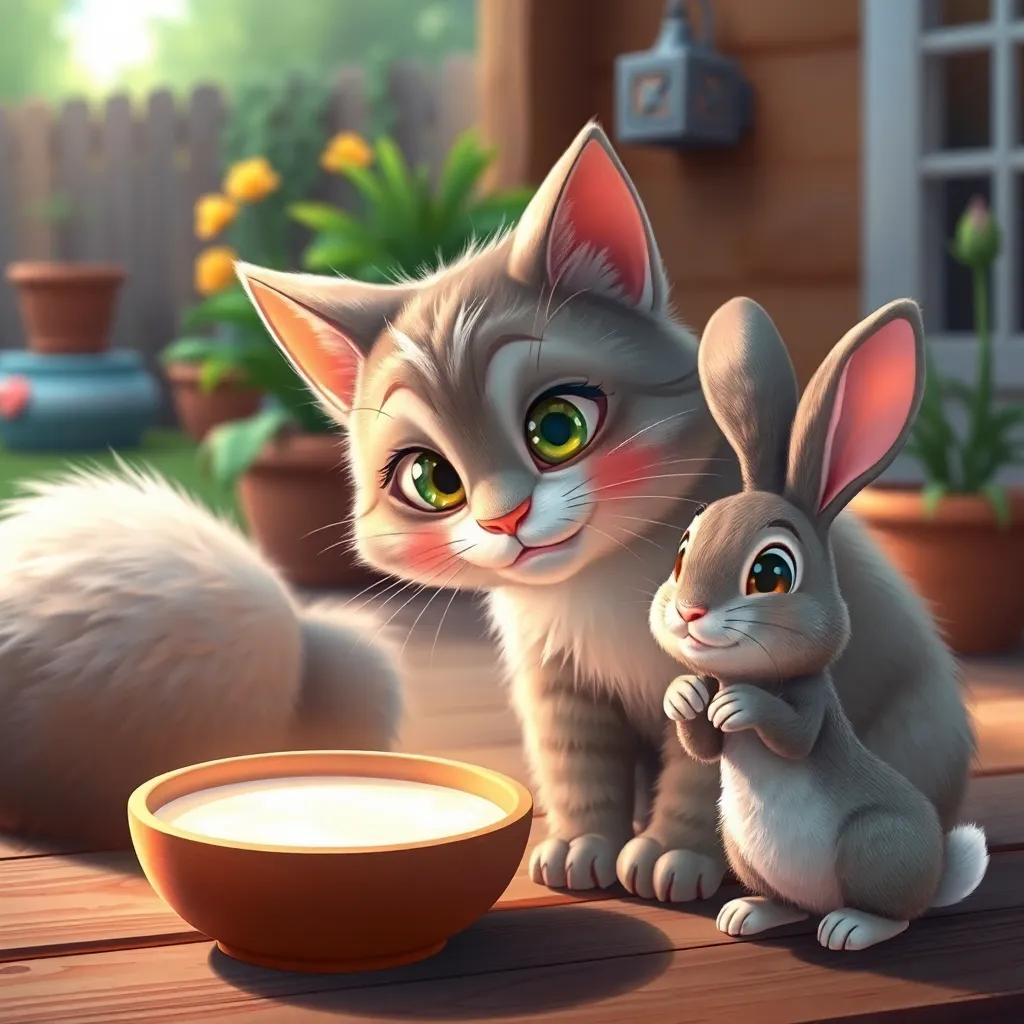 A friendly cat, with soft fur and bright eyes, drinking milk from a bowl while Arnoub, the little rabbit, watches with excitement, cozy setting at a backyard, digital painting, warm colors, friendly atmosphere, high quality