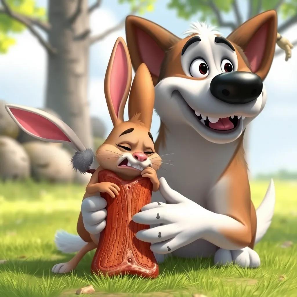 Arnoub, the little rabbit, grimacing while trying to nibble on a big, hard bone held by a large dog, with the dog looking amused, outdoor setting, illustration, amusing and lighthearted, high quality