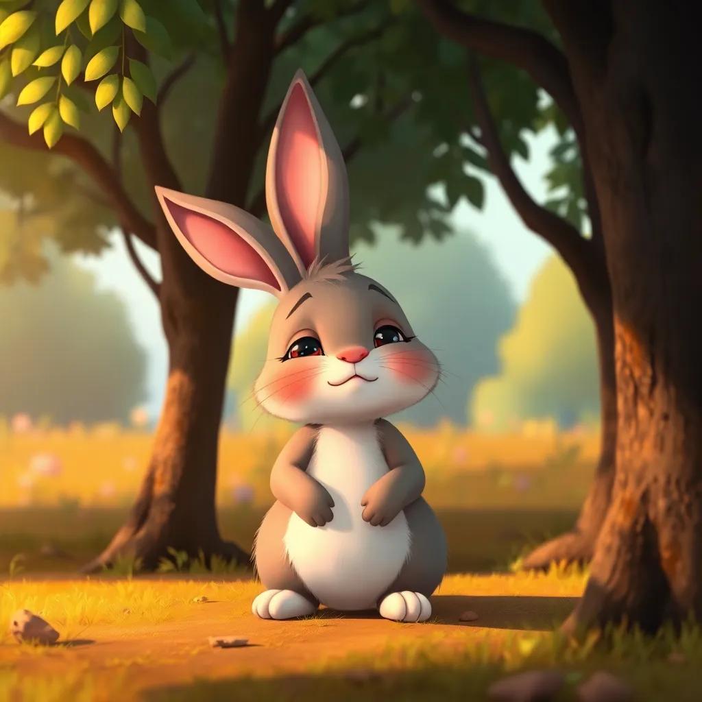Arnoub, the little rabbit, looking tired and sad under the trees, with an empty tummy and a longing expression, colorful background of nature, digital art, warm but gentle lighting, high quality