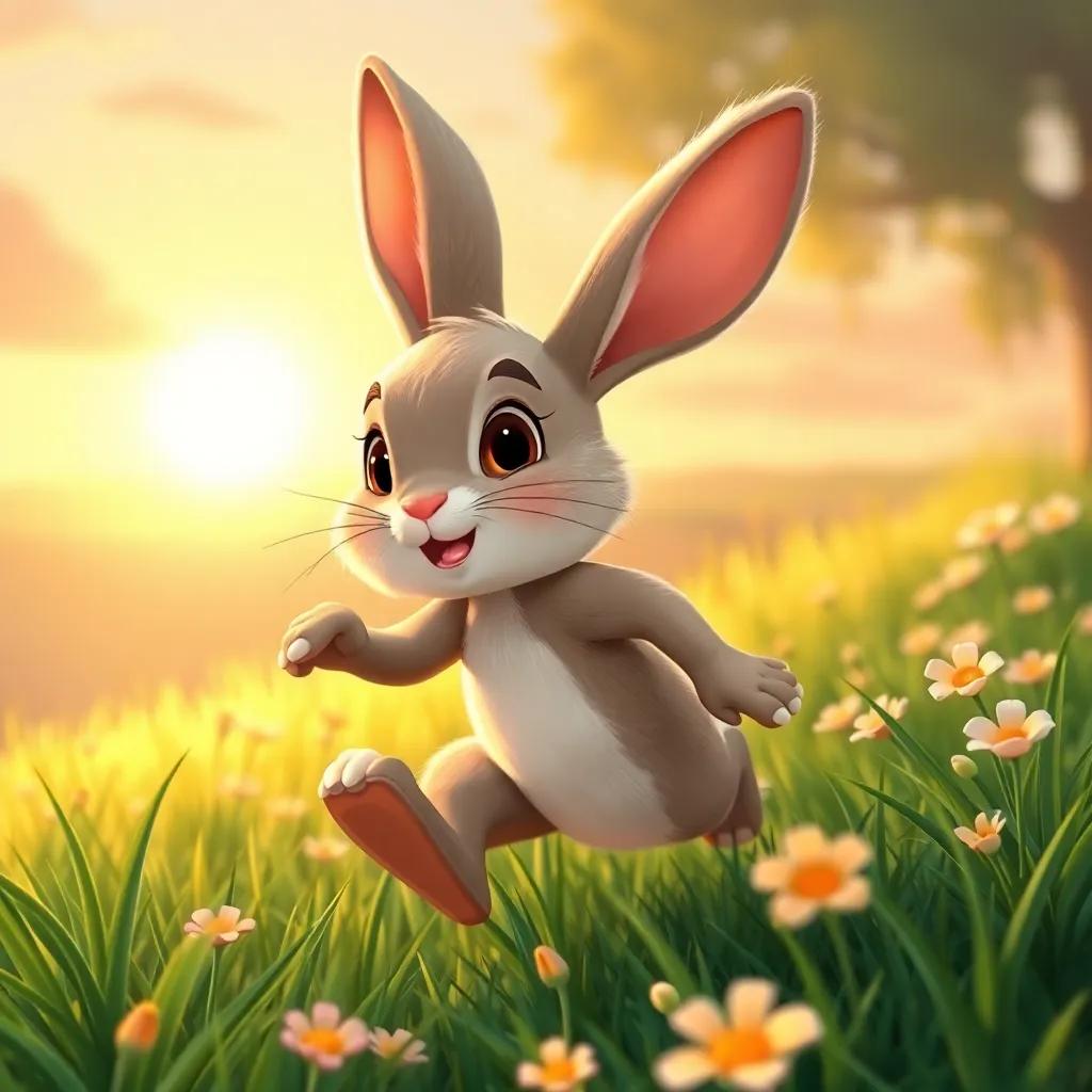 Arnoub, the little rabbit, hopping home with a determined look, green grass and flowers surrounding him, sunset casting a golden hue, illustration, uplifting atmosphere, high quality