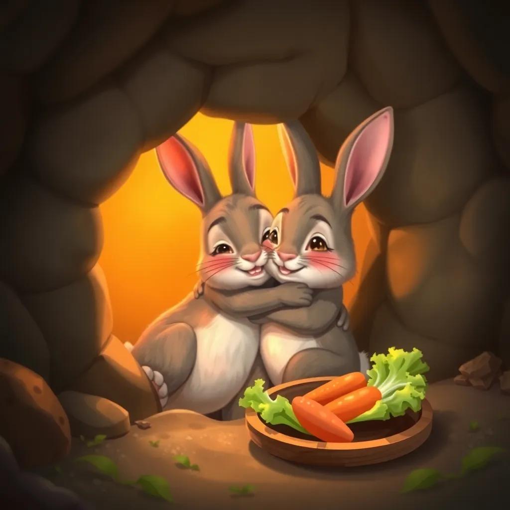 Arnoub, the little rabbit, hugging his mother happily in their burrow, with fresh lettuce and carrots on a small wooden plate, warm glow inside the burrow, digital painting, loving and cozy atmosphere, high quality