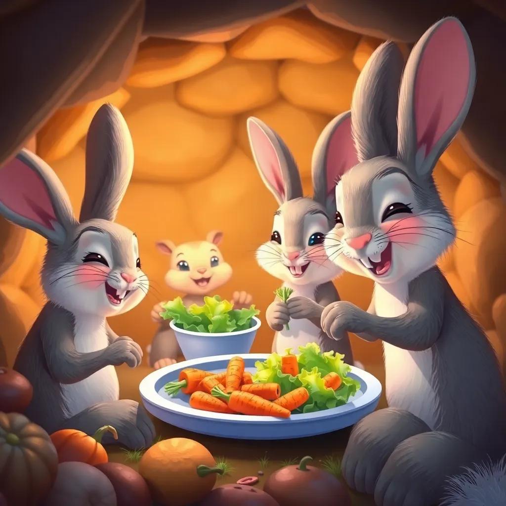 The rabbit family having dinner together, with Arnoub enjoying his nutritious meal of lettuce and carrots with joy, colorful and bright imagery in their burrow, illustration, heartwarming, high quality