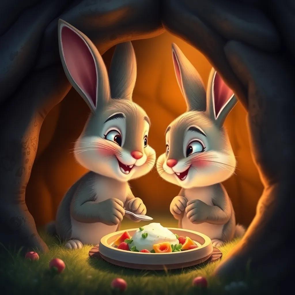 Arnoub, the little rabbit, smiling brightly at his mother while eating his dinner, filled with love and warmth, cozy burrow illuminated softly, digital art, delightful and cheerful feel, high quality