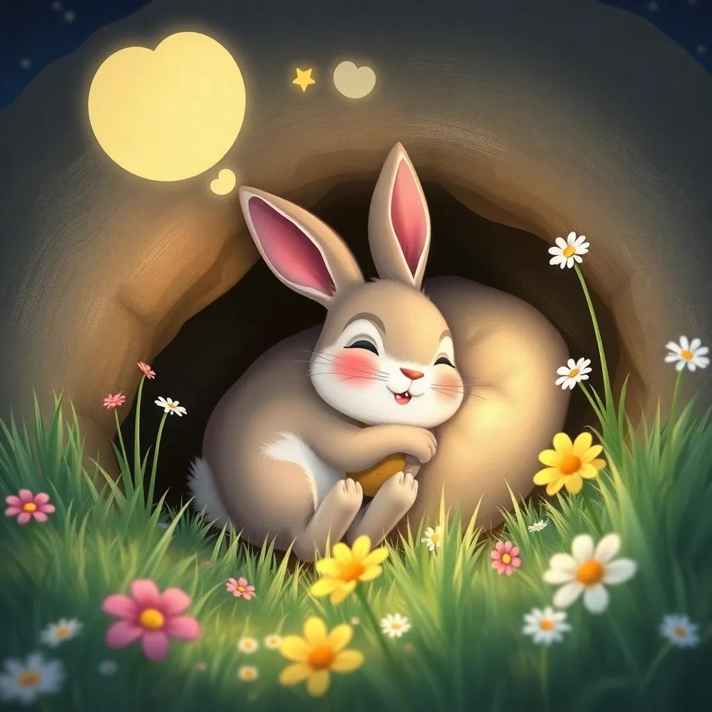 Arnoub, a little rabbit, snuggled in his burrow, dreaming happily about his mother’s food, with soft grass and wildflowers surrounding him, bedtime scene, illustration, peaceful and comforting, high quality