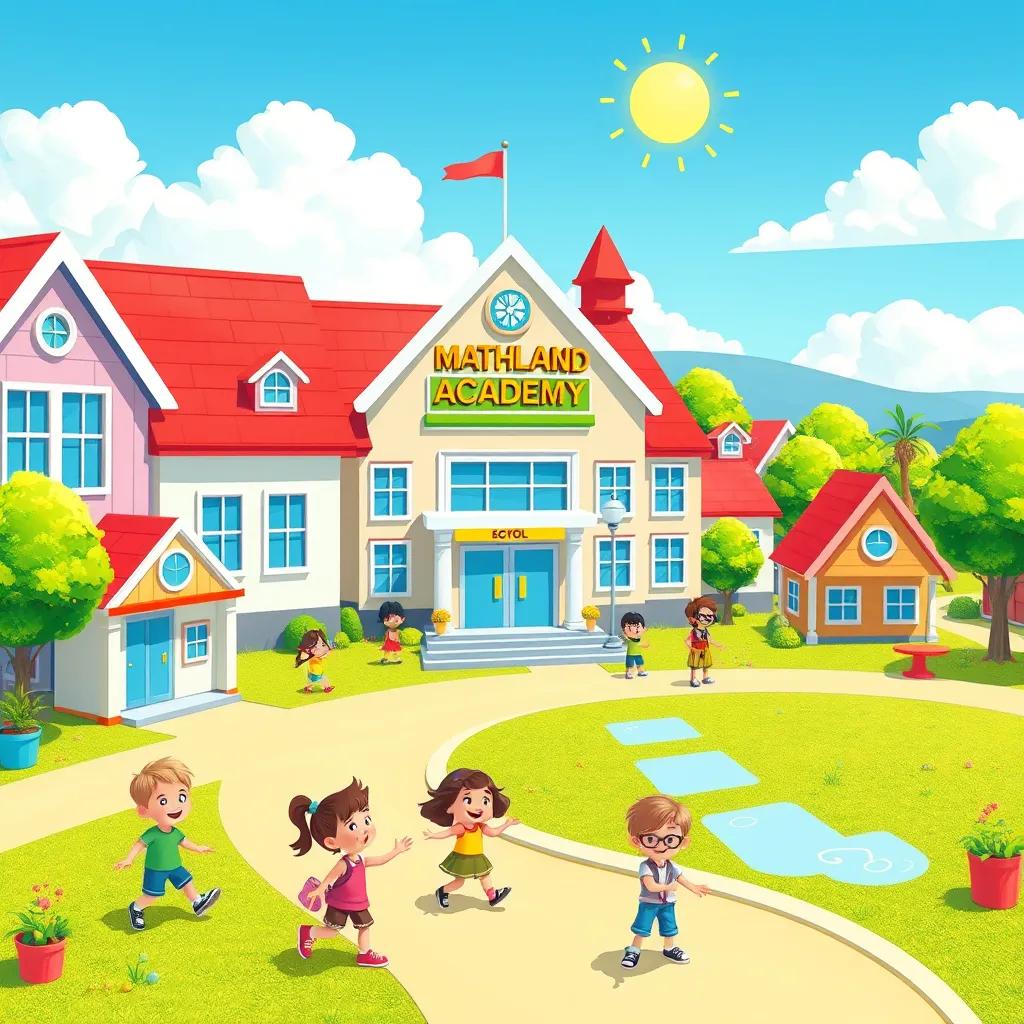 A lively town with bright colors, a cheerful school named Mathland Academy, children playing and learning about numbers, sunny day, child-friendly, vibrant