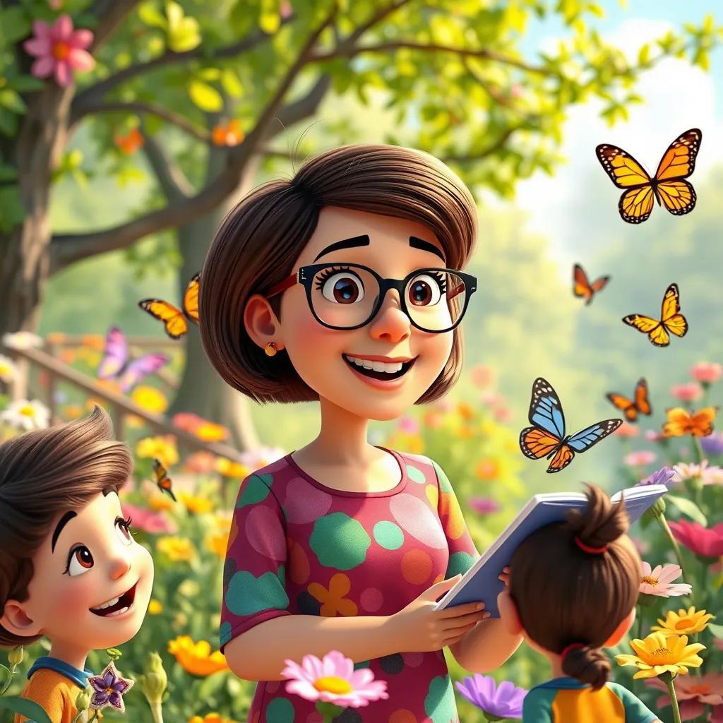A teacher, Ms. Digit, a middle-aged woman with short brown hair, wearing glasses and a colorful dress, explaining approximate numbers to her enthusiastic students outdoors in a garden filled with flowers and butterflies, bright and cheerful atmosphere, educational