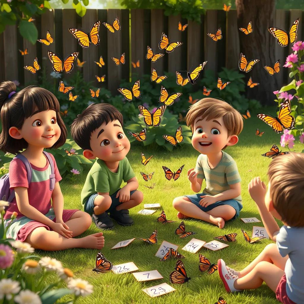 Children outside in a garden, estimating the number of butterflies fluttering around, some sitting on the ground with numbers written on cards, joyful expressions, playful nature scenes, engaging