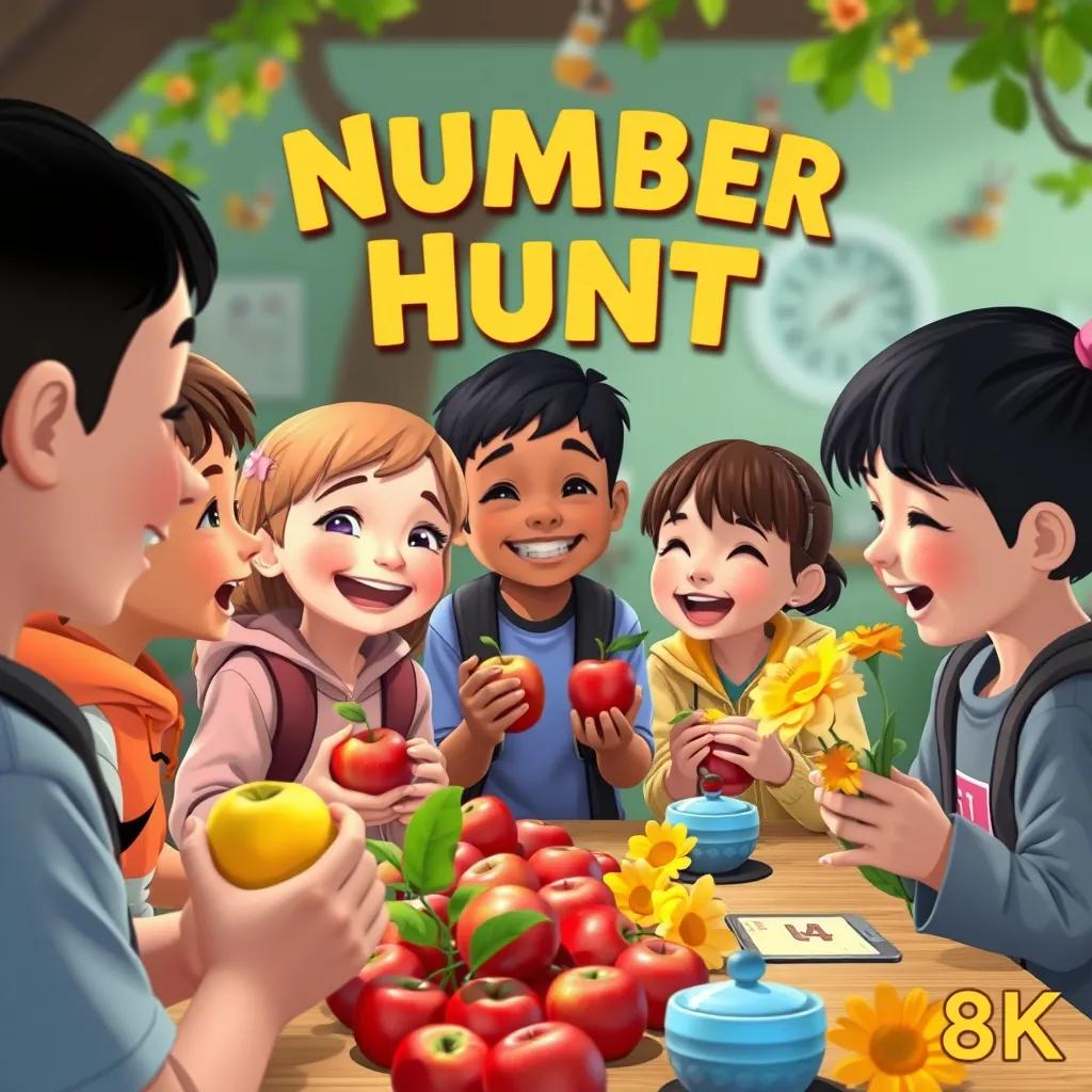 Students playing a game called 'Number Hunt', finding objects and estimating their counts, holding apples and flowers, laughter, teamwork, colorful environment, interactive learning