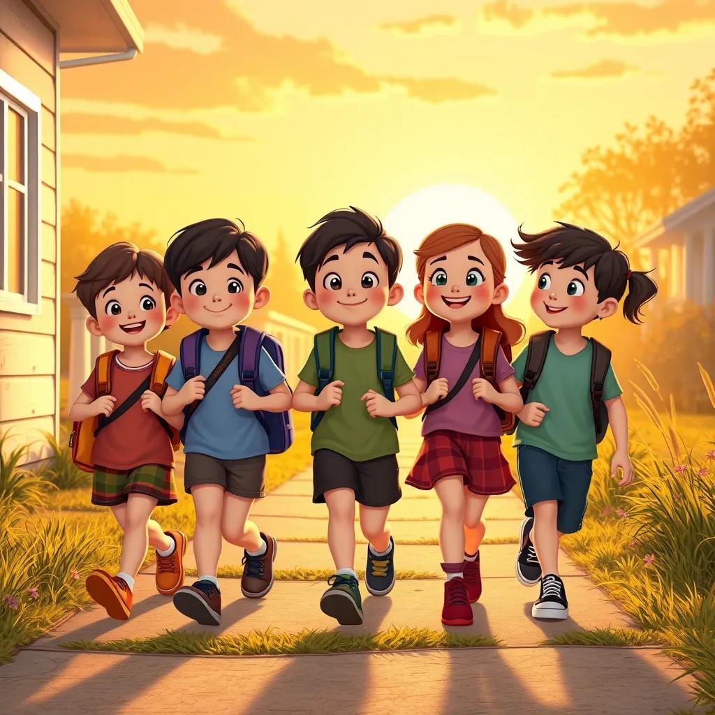 Children happily walking home together after school, sharing their experiences and ideas about estimating numbers, golden sunset in the background, friendly and warm, joyful learning atmosphere