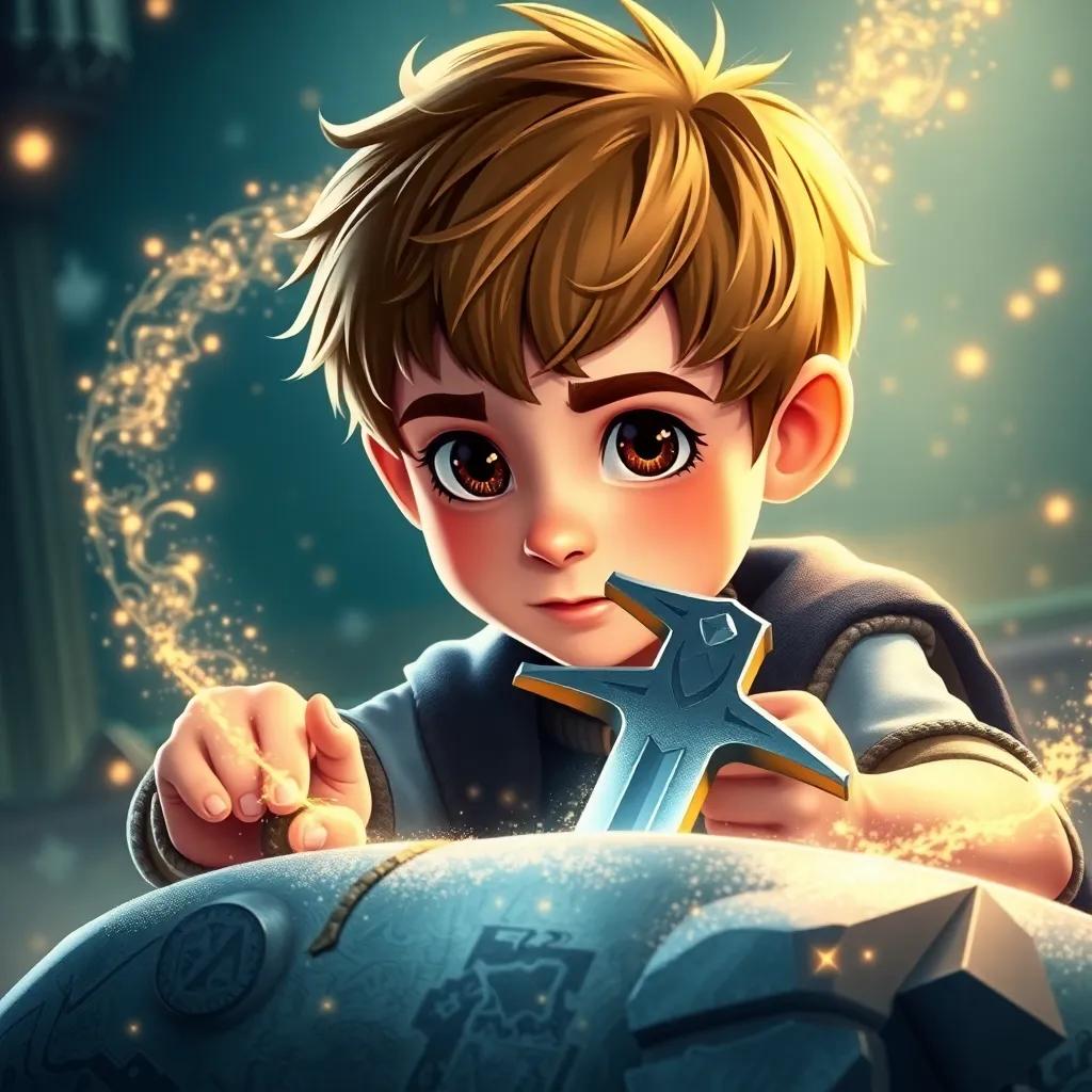 Arthur, a young boy with short brown hair and a brave expression, pulling the sword from the stone surrounded by swirling magical lights and sparkling dust, capturing the moment of victory, detailed, enchanting, child-friendly
