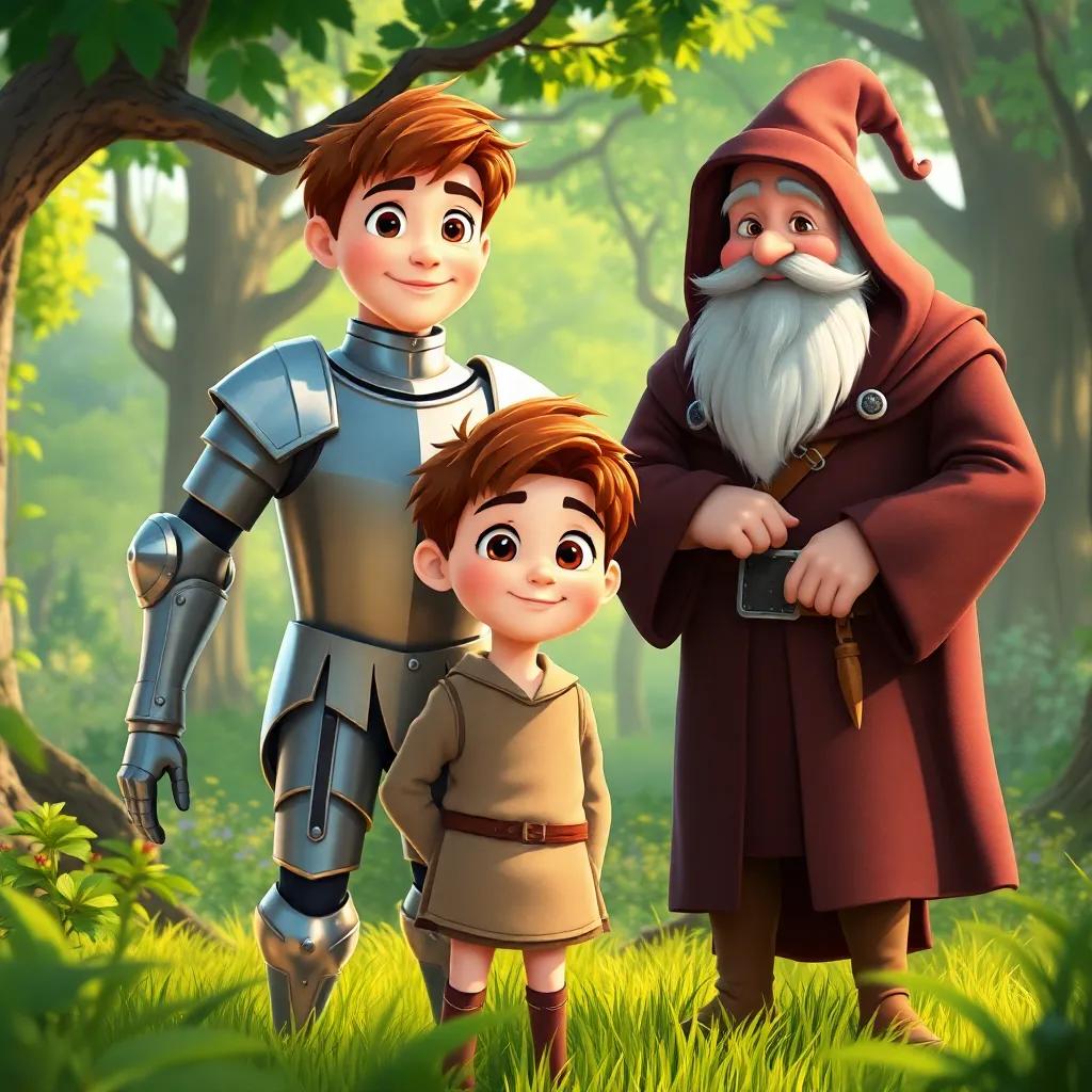 Arthur, a young boy with short brown hair and a simple tunic, standing with his loyal knight friend clad in armor and a wise old wizard in robes, in a lush green forest, friendship and adventure reflected in their smiles, illustration, colorful, warm ambiance