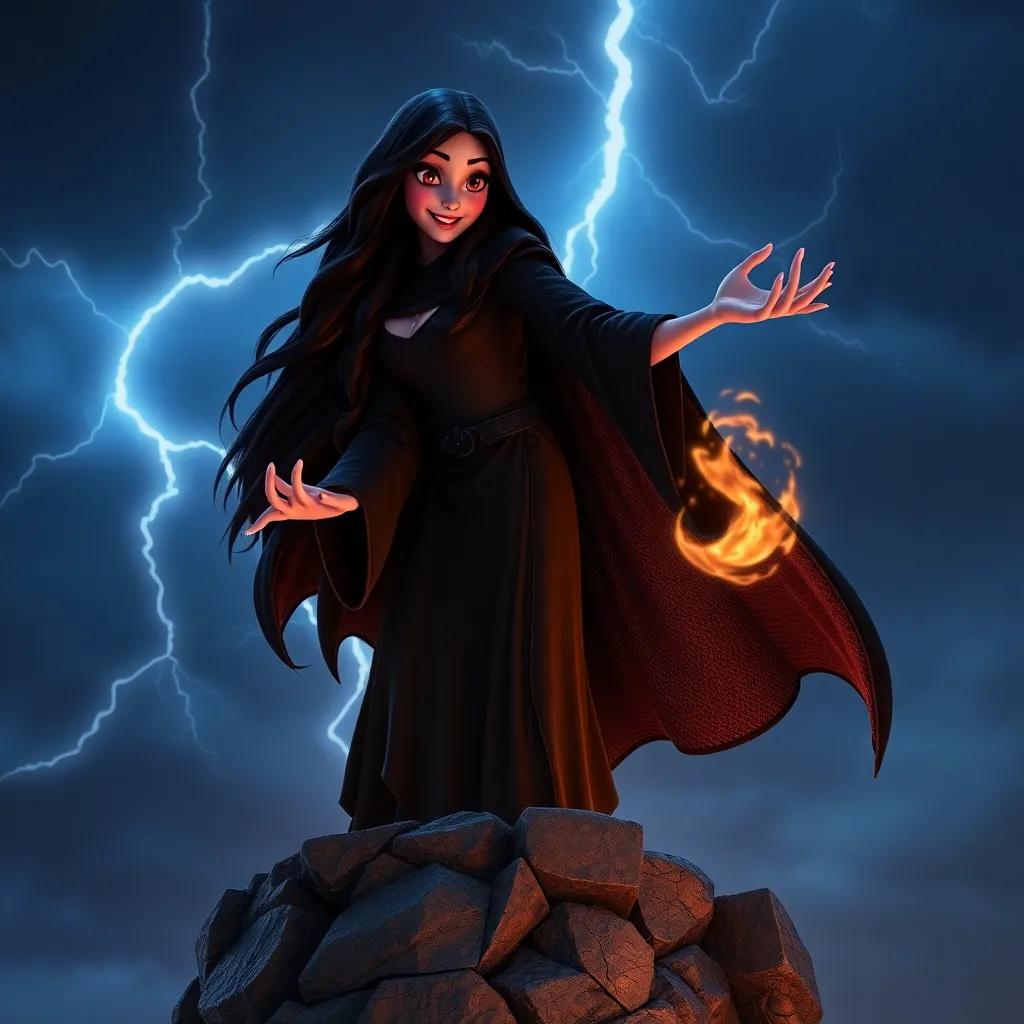 Morgana, a dark sorceress with long black hair wearing a dark cloak, standing atop a rocky tower with lightning in the background, casting a spell with an evil grin, creating a sense of foreboding, dramatic, child-safe, fantasy