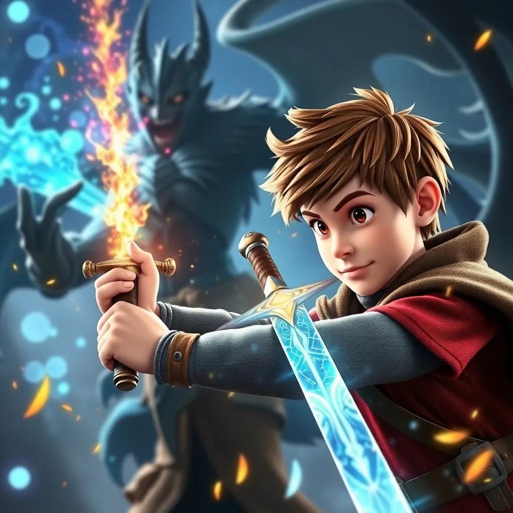 Arthur, a young boy with short brown hair, wielding the magical sword in battle against Morgana, who has conjured dark spells and shadows, bright colorful magic clashing in the air, adventure-themed scene, action-packed, high quality