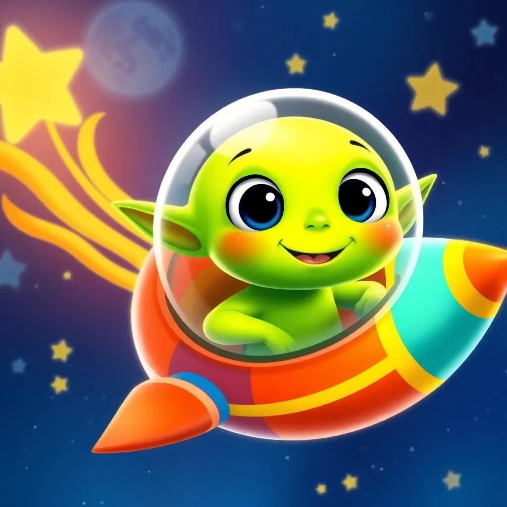A small, bright green alien named Arthur, with big round eyes and a friendly smile, inside a colorful rocket ship zooming through space filled with stars, digital art, vibrant colors, cheerful atmosphere, high quality