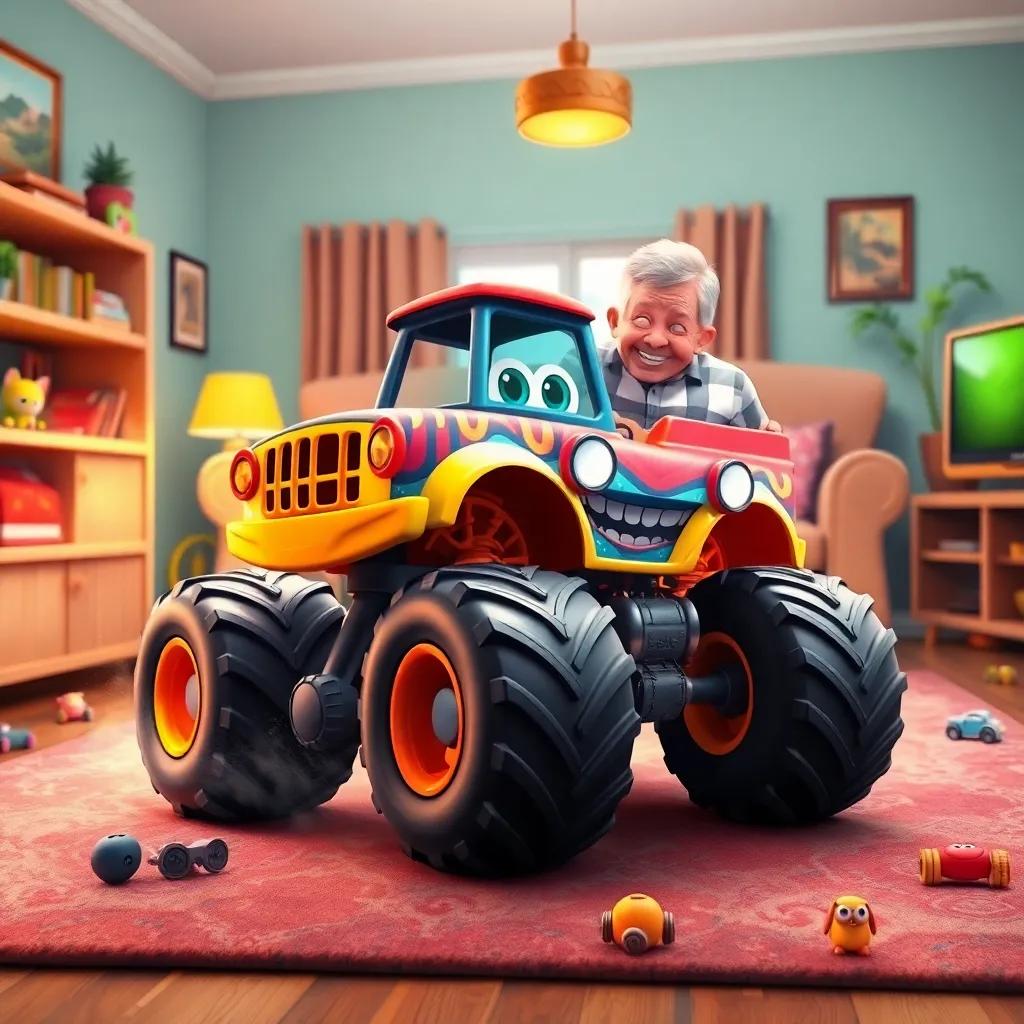 A little monster truck named Arzo, with big wheels and colorful paint, racing across a living room rug with a smiling grandfather, surrounded by toys, bright and cheerful atmosphere, digital art, child-friendly, high quality