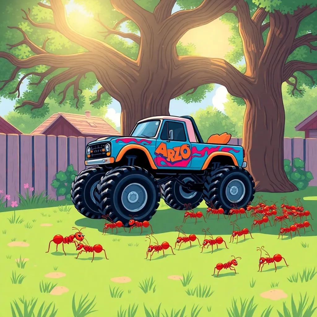 A happy scene in a backyard with Arzo the monster truck, a big oak tree, and a busy ant colony marching, sun shining down, playful and adventurous, bright colors, whimsical style, high quality