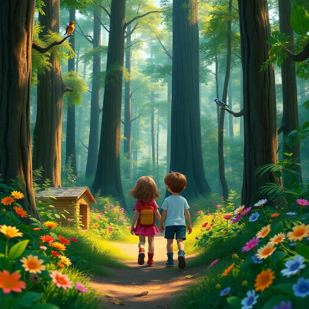 The children walking into the lush forest, surrounded by tall trees and colorful flowers, filled with sounds of birds chirping and leaves rustling, joyful, bright colors, exploratory vibe, digital art