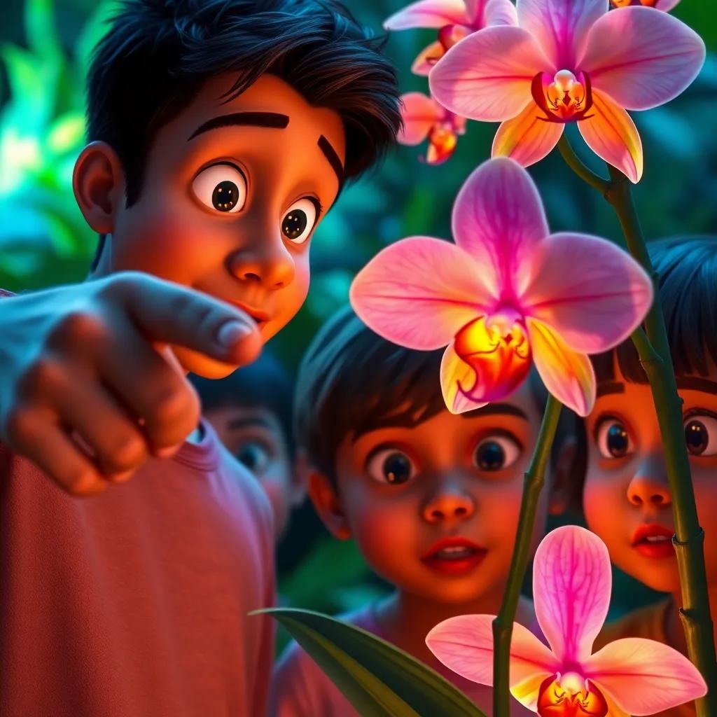 Close-up of Pedro pointing at a beautiful orchid flower, with amazed expressions on the children's faces, vibrant details of flora, lively colors, nature's beauty illuminated, high quality