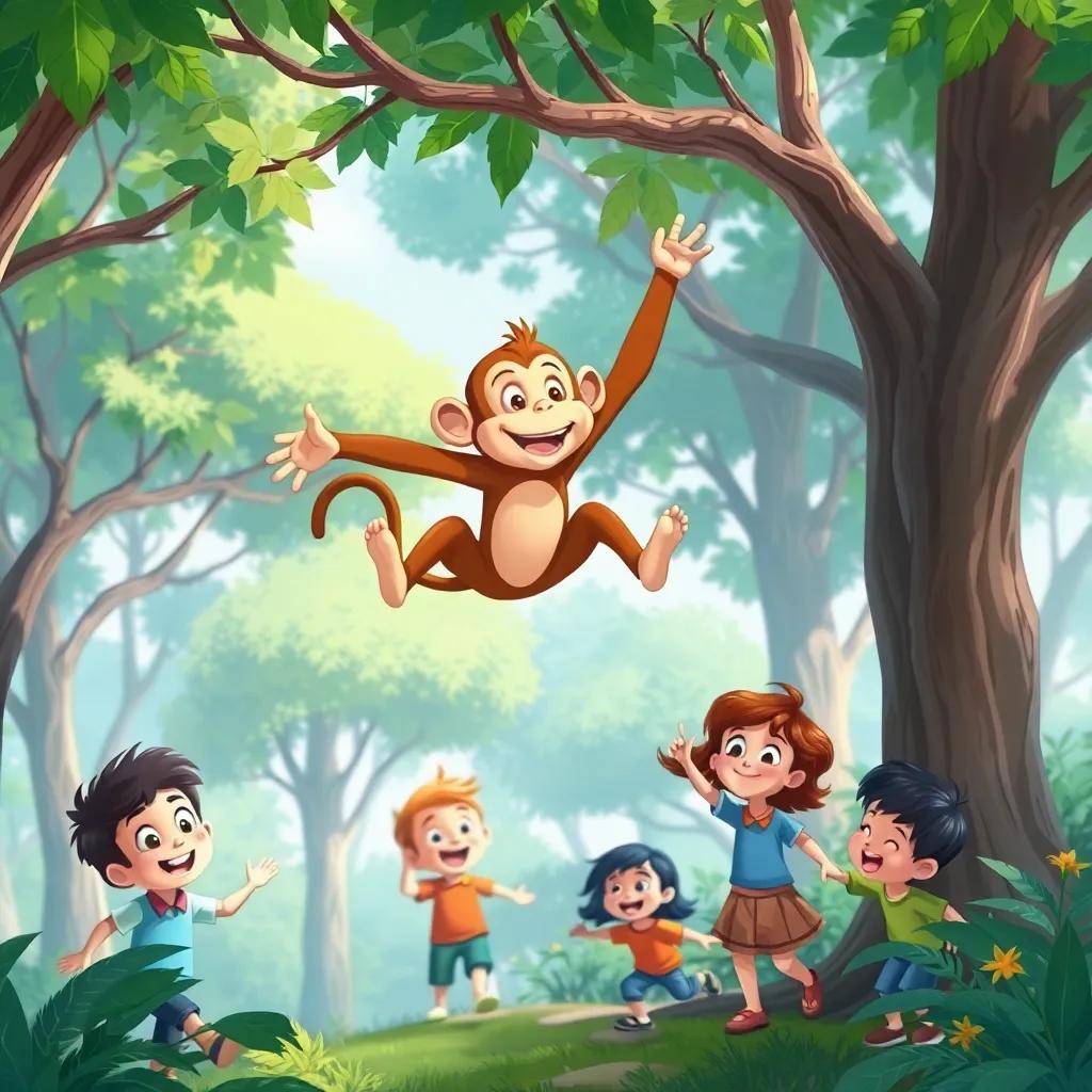 A playful monkey jumping from branch to branch, surrounded by trees and the children laughing and following, friendly, cheerful, bright and lively scenery, colorful and magical atmosphere, digital illustration