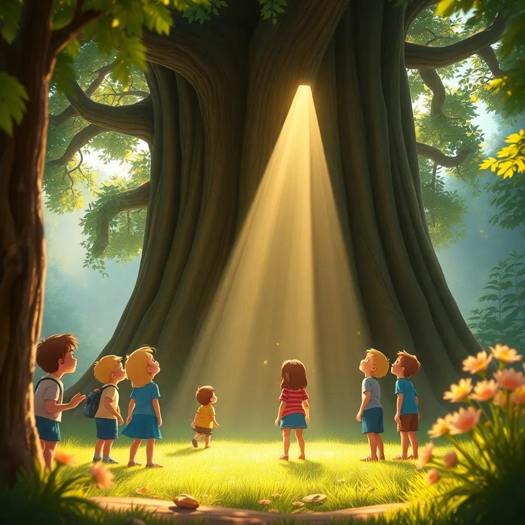 The children gathered in a magical clearing with a giant tree, looking up in awe, with sunlight shimmering through the leaves, enchanting scene, warm light, inviting nature, whimsical details, high quality